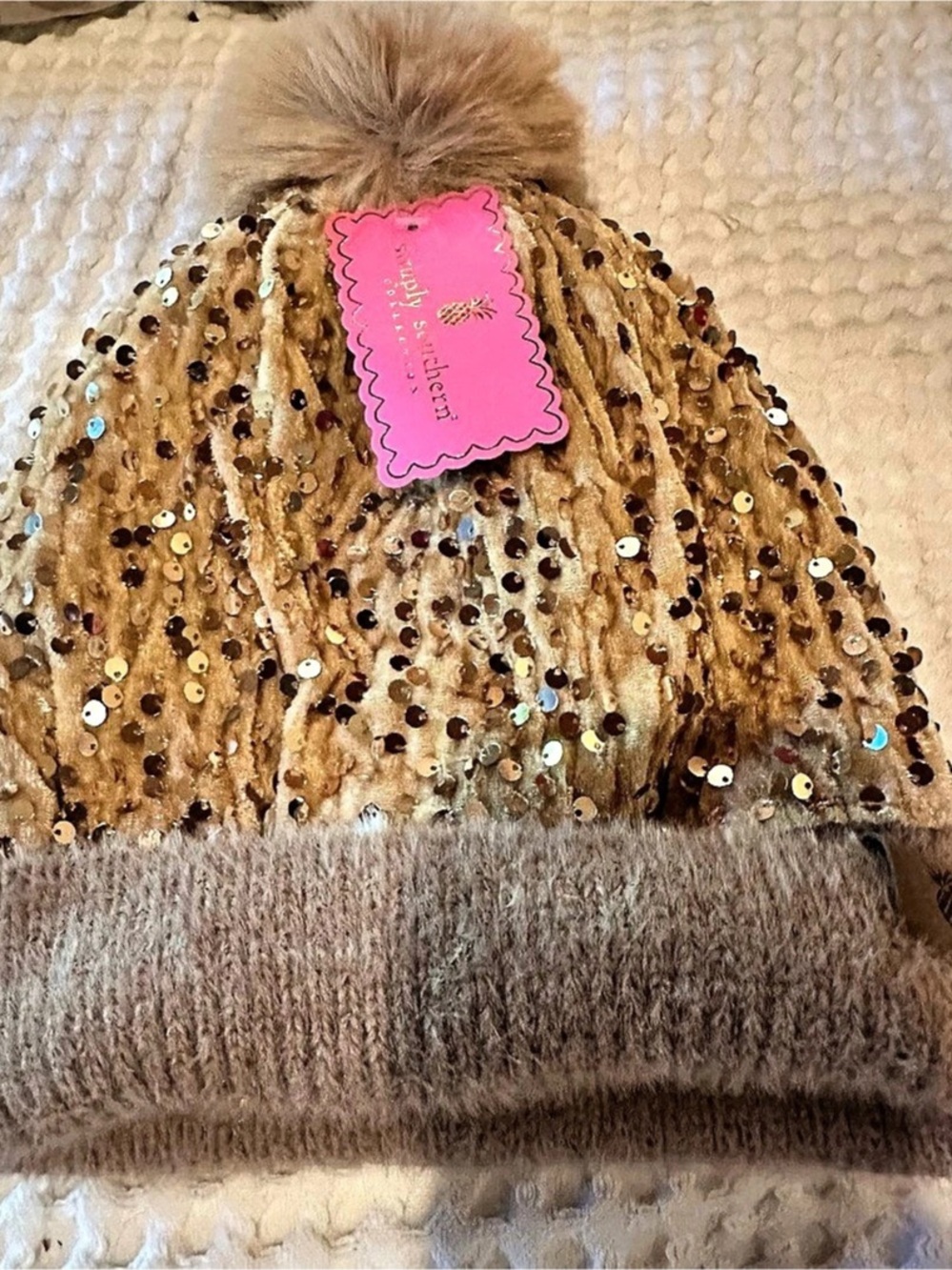 NWT - Simply Southern Ladies Sequin Gold Beanie Brown & Gold